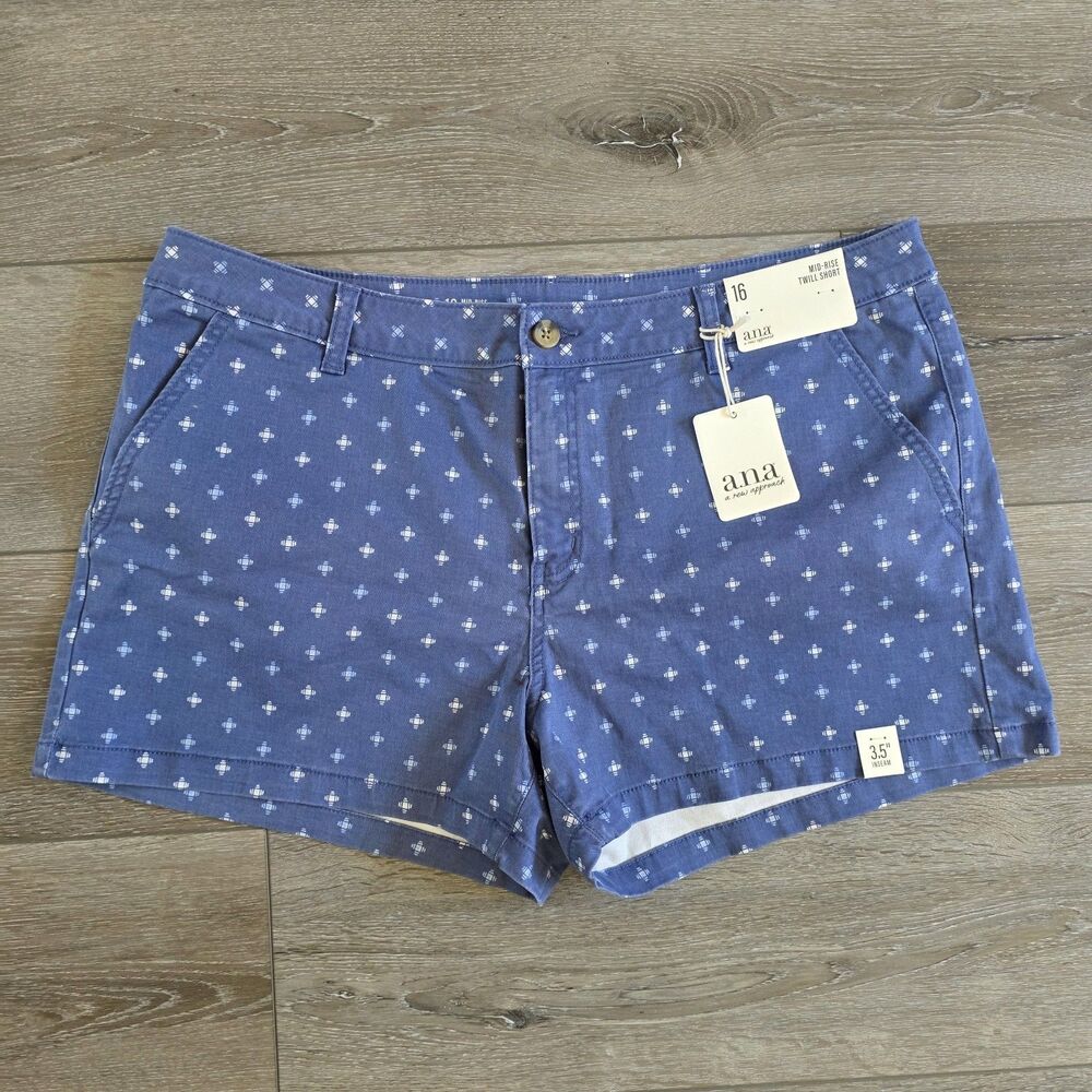 A.N.A. Mid Rise Shorts Twill Chino Shorts 3.5 Inseam Blue Womens Size 16 NWT